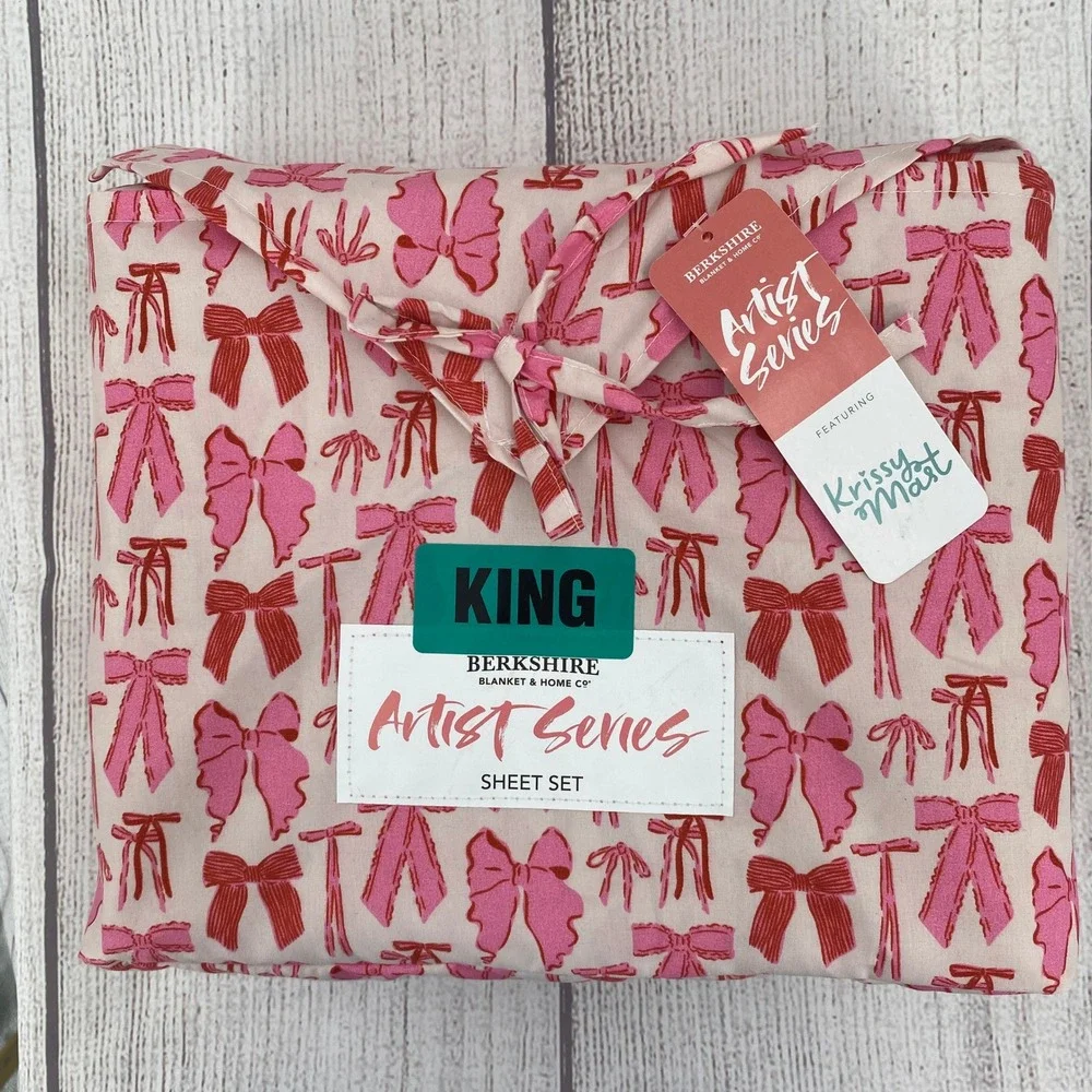 Berkshire Sheet Set KING Artist Series Pink Red Bow Ribbon Krissy Mast Whimsical